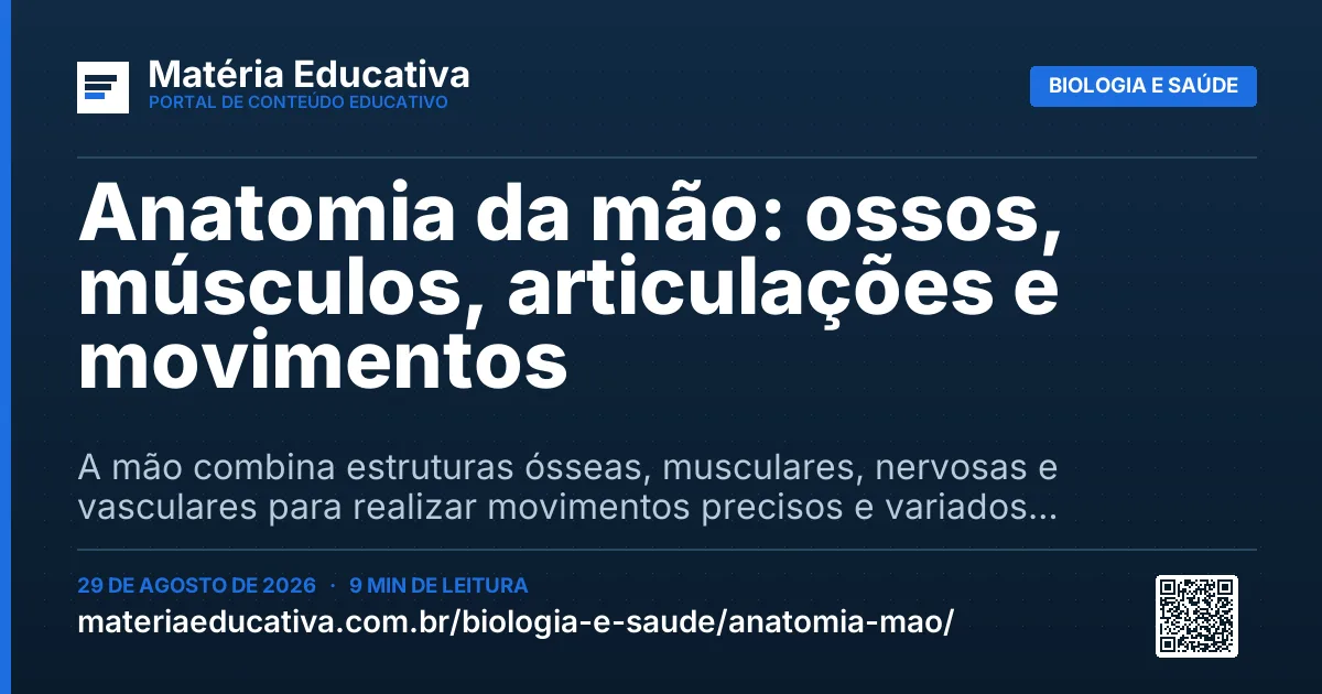 Resumo visual: Anatomia da mão: ossos, músculos, articulações e movimentos