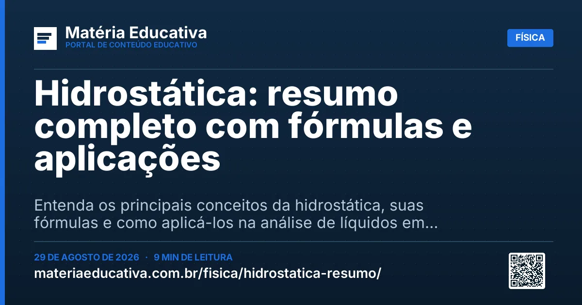 Resumo visual: Hidrostática: resumo completo com fórmulas e aplicações