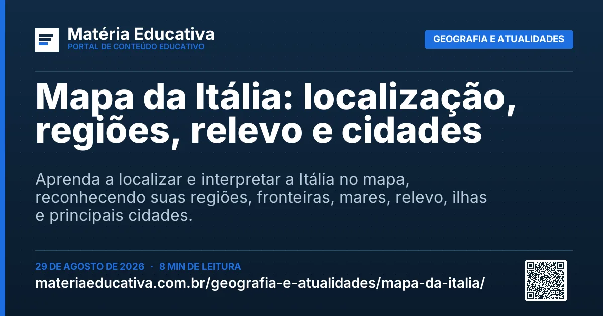 Resumo visual: Mapa da Itália: localização, regiões, relevo e cidades