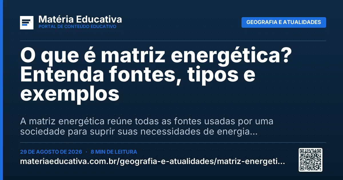 Resumo visual: O que é matriz energética? Entenda fontes, tipos e exemplos