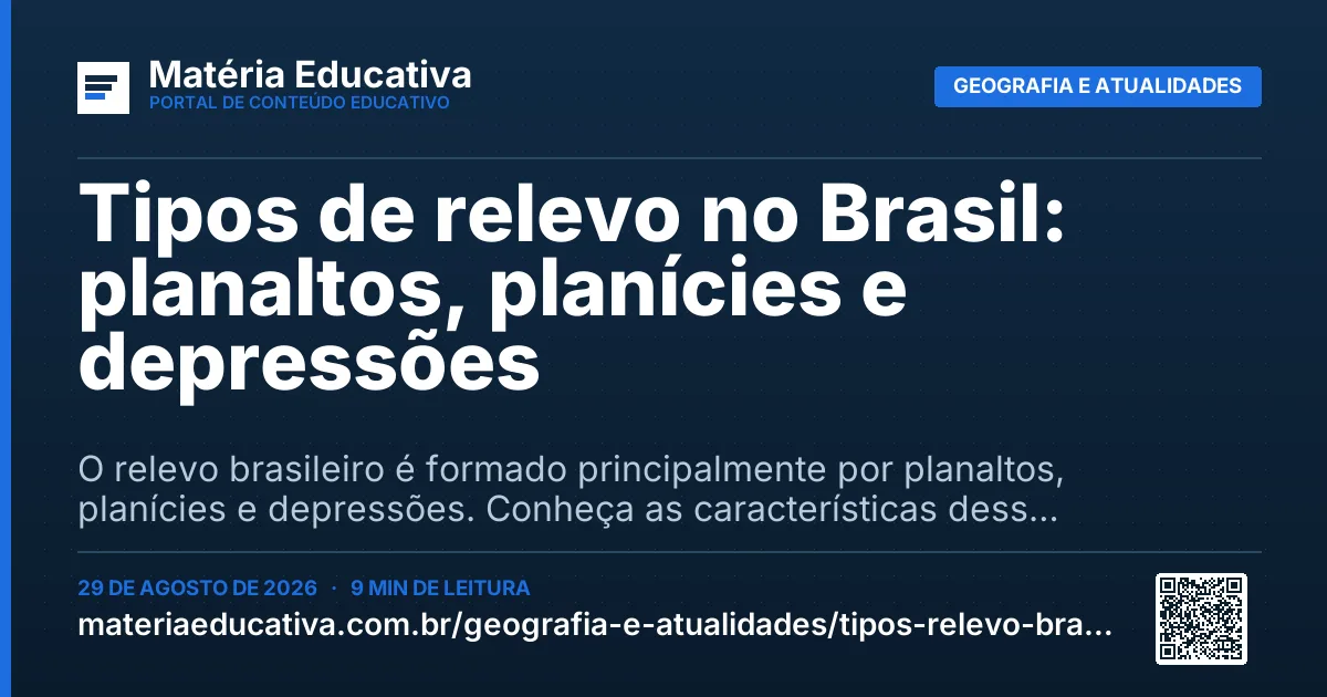 Resumo visual: Tipos de relevo no Brasil: planaltos, planícies e depressões