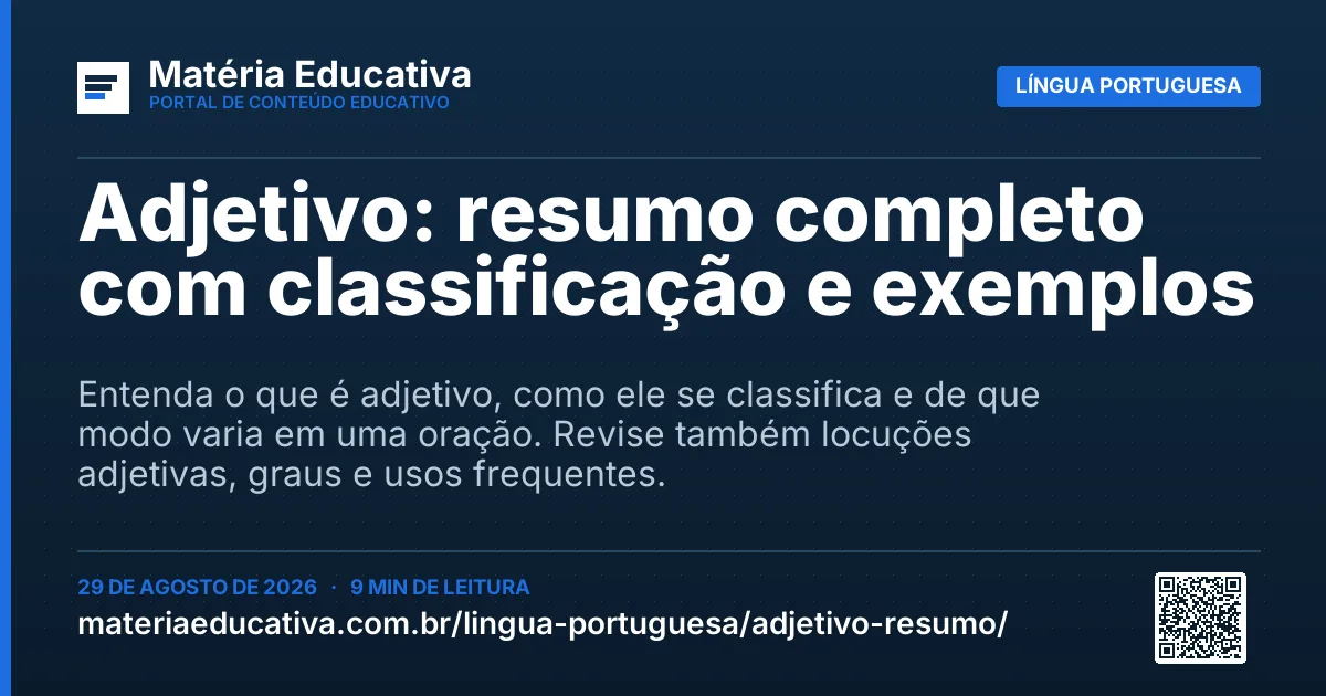 Resumo visual: Adjetivo: resumo completo com classificação e exemplos
