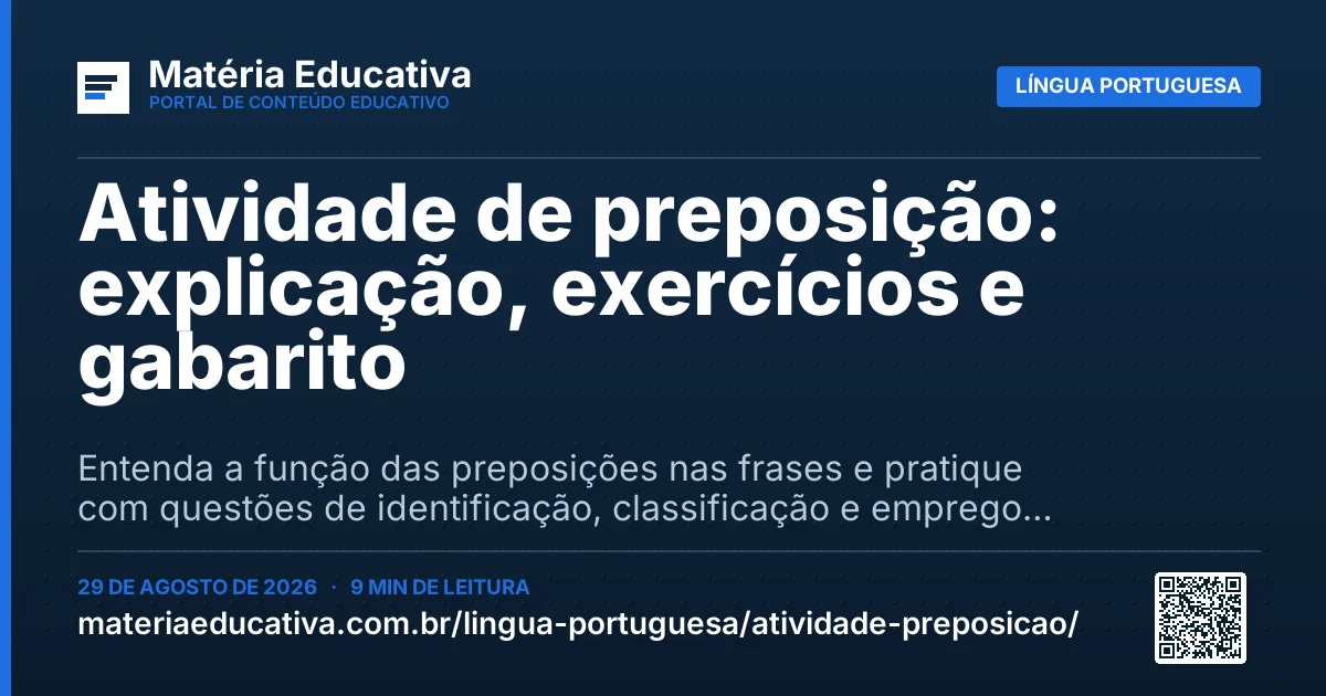 Resumo visual: Atividade de preposição: explicação, exercícios e gabarito