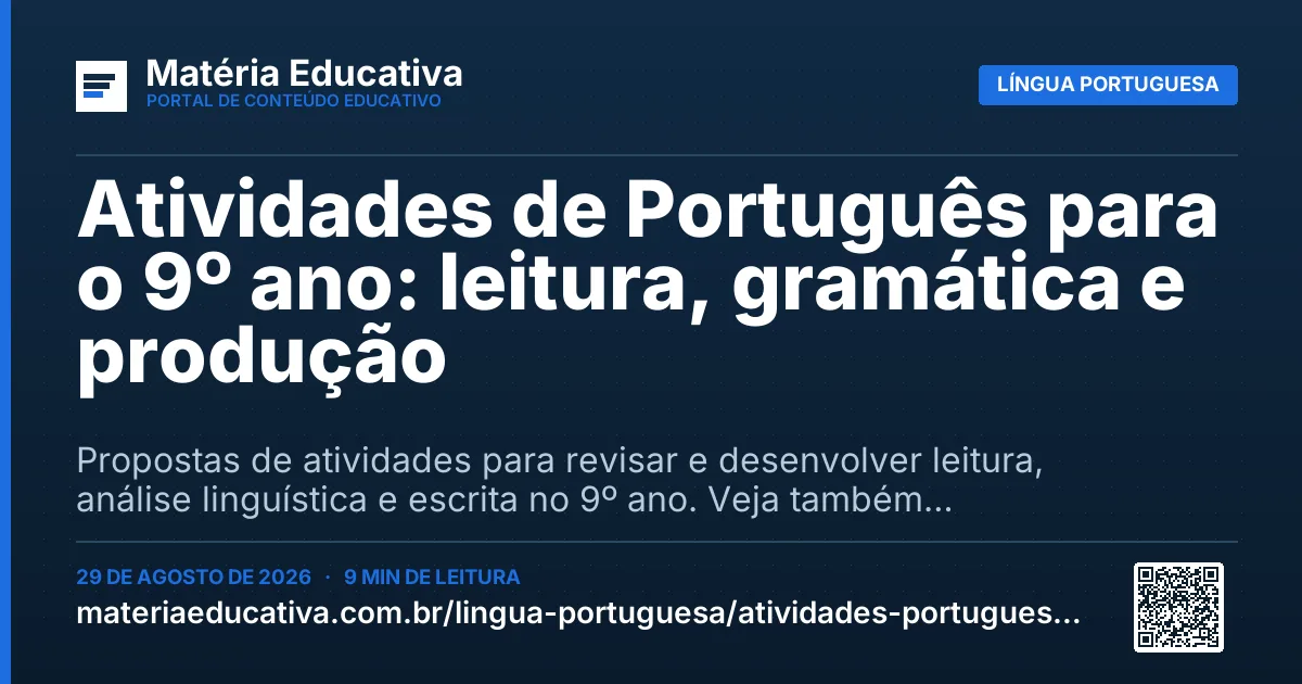 Resumo visual: Atividades de Português para o 9º ano: leitura, gramática e produção