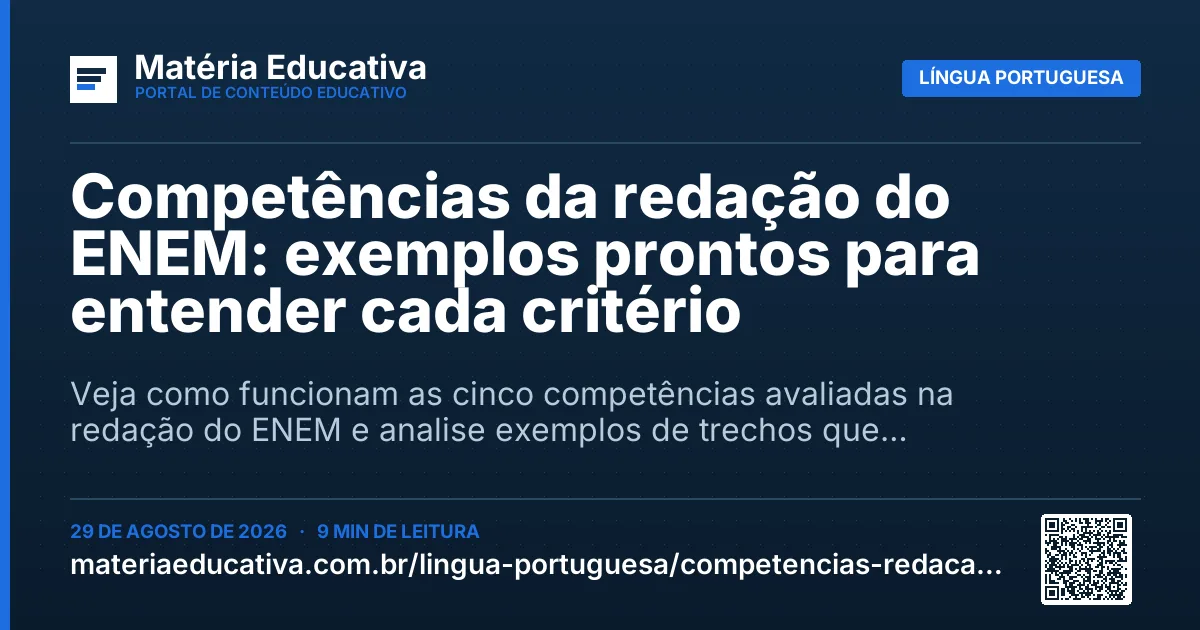Resumo visual: Competências da redação do ENEM: exemplos prontos para entender cada critério