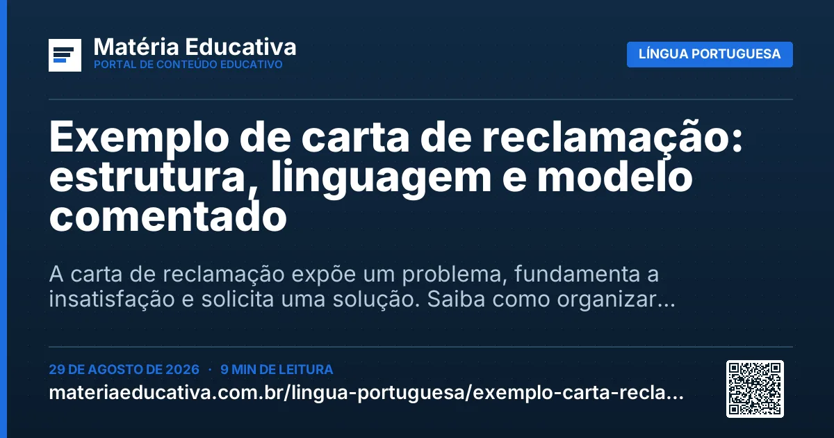 Resumo visual: Exemplo de carta de reclamação: estrutura, linguagem e modelo comentado