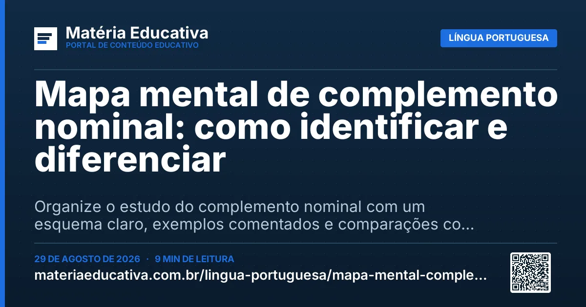 Resumo visual: Mapa mental de complemento nominal: como identificar e diferenciar