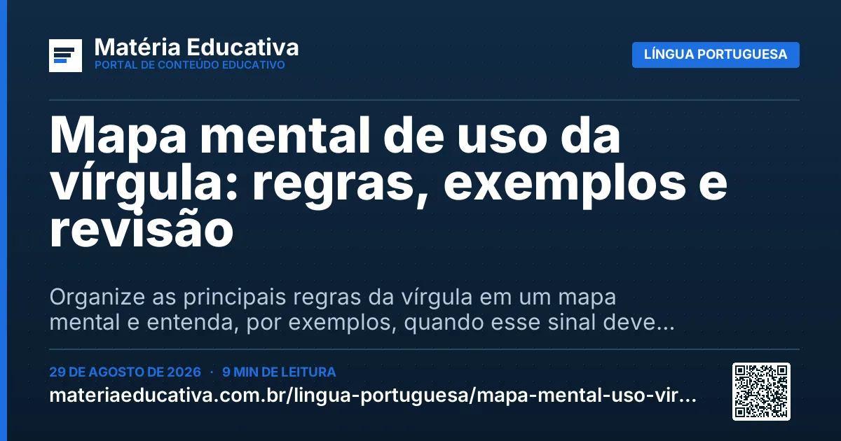 Resumo visual: Mapa mental de uso da vírgula: regras, exemplos e revisão