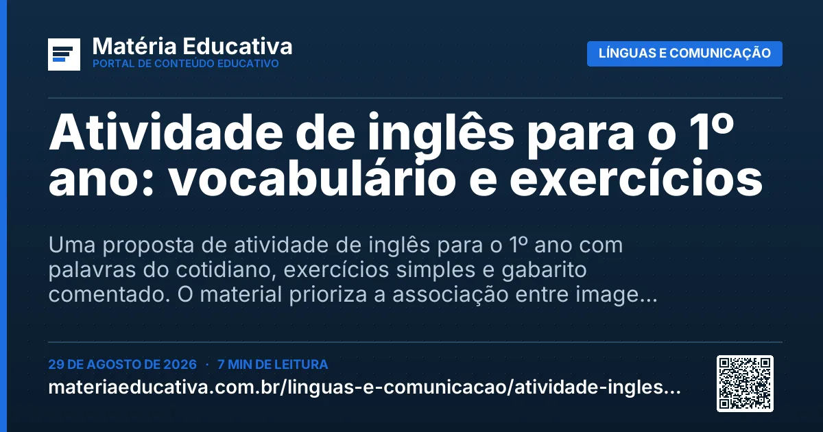 Resumo visual: Atividade de inglês para o 1º ano: vocabulário e exercícios