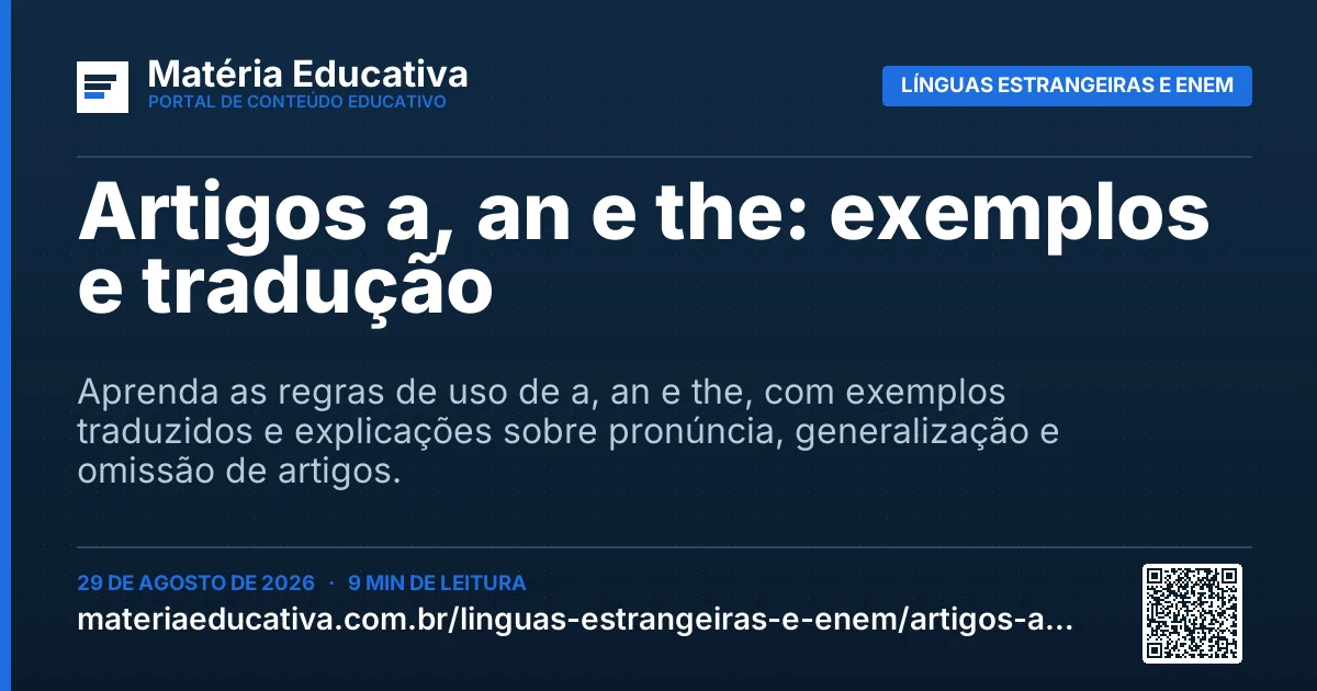 Resumo visual: Artigos a, an e the: exemplos e tradução