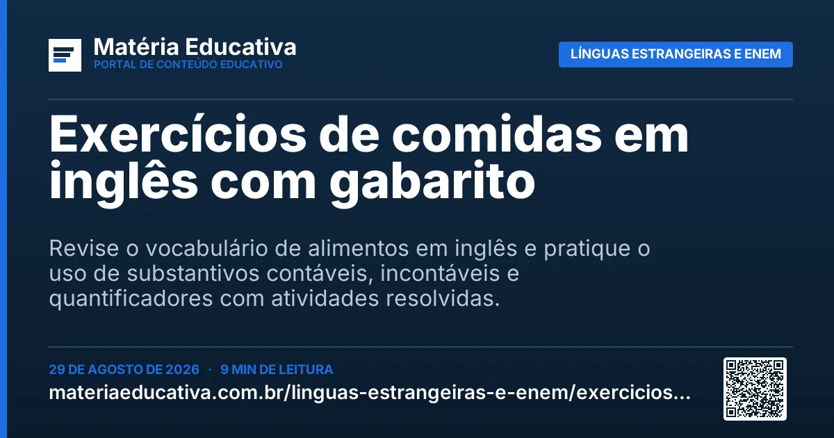 Resumo visual: Exercícios de comidas em inglês com gabarito