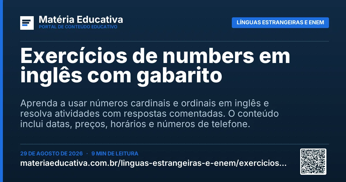 Resumo visual: Exercícios de numbers em inglês com gabarito
