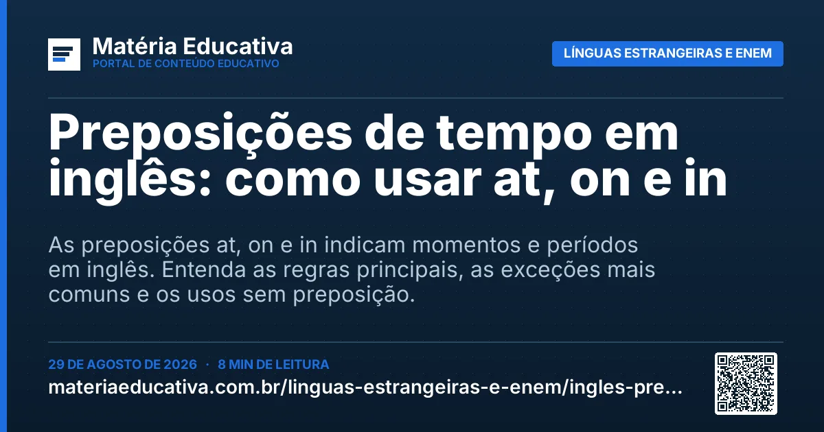 Resumo visual: Preposições de tempo em inglês: como usar at, on e in