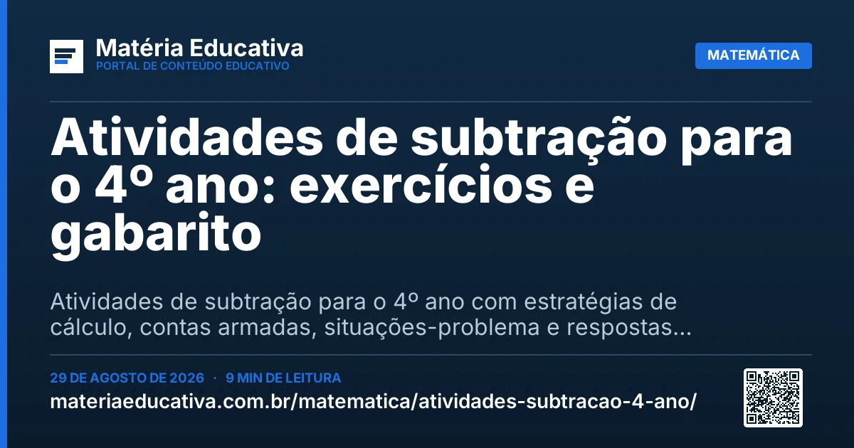 Resumo visual: Atividades de subtração para o 4º ano: exercícios e gabarito