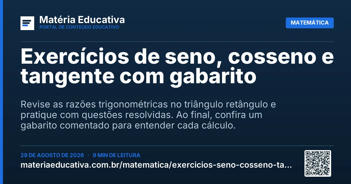 Resumo visual: Exercícios de seno, cosseno e tangente com gabarito