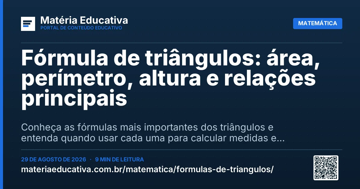 Resumo visual: Fórmula de triângulos: área, perímetro, altura e relações principais