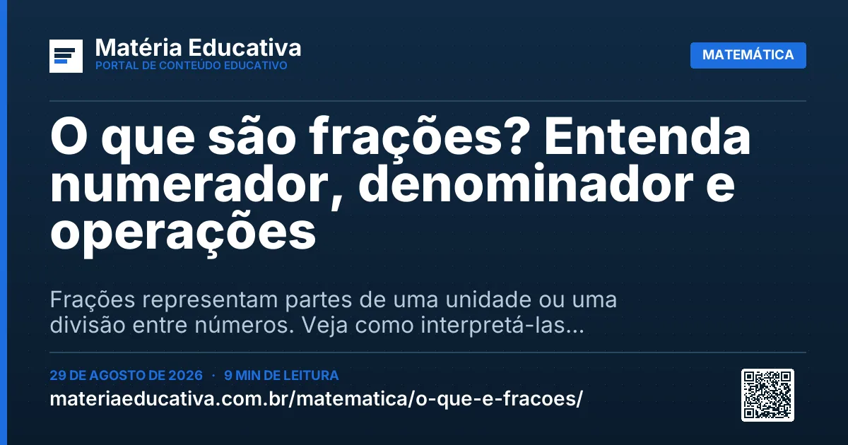 Resumo visual: O que são frações? Entenda numerador, denominador e operações