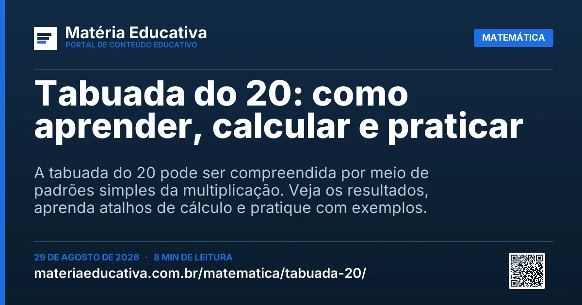 Resumo visual: Tabuada do 20: como aprender, calcular e praticar