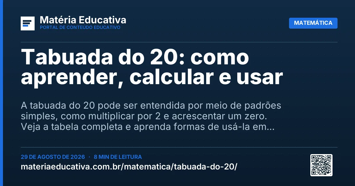 Resumo visual: Tabuada do 20: como aprender, calcular e usar