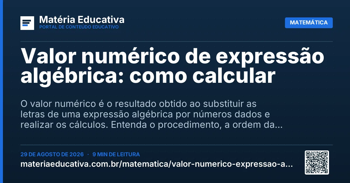 Resumo visual: Valor numérico de expressão algébrica: como calcular