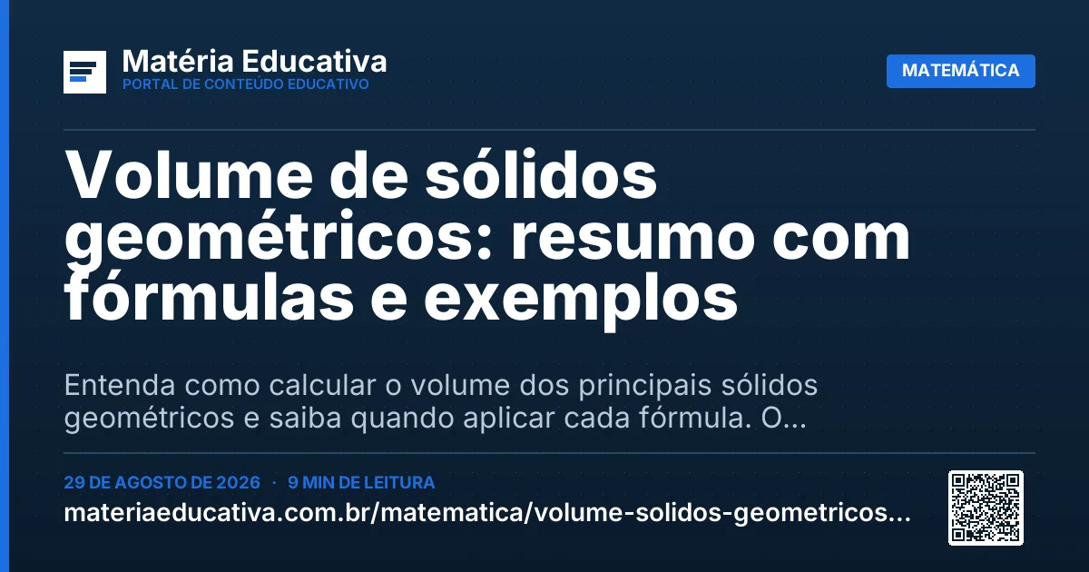 Resumo visual: Volume de sólidos geométricos: resumo com fórmulas e exemplos