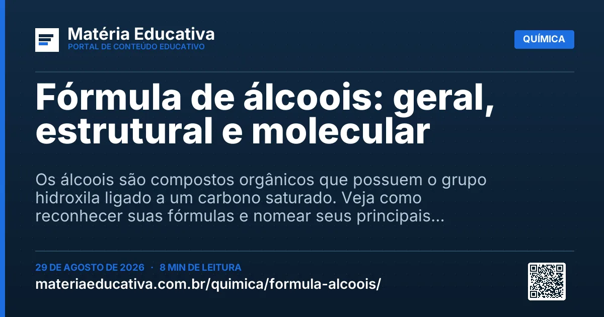 Resumo visual: Fórmula de álcoois: geral, estrutural e molecular