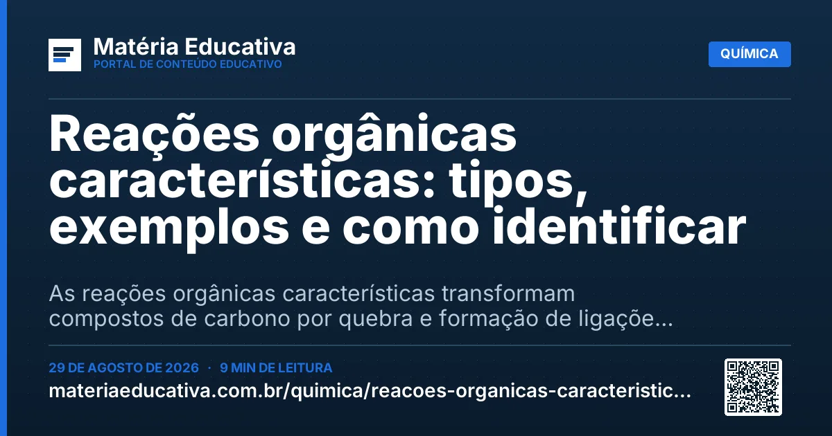 Resumo visual: Reações orgânicas características: tipos, exemplos e como identificar