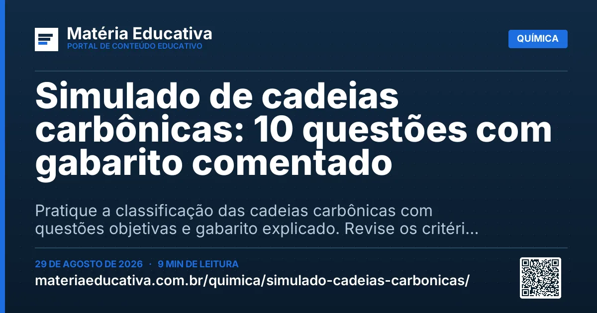 Resumo visual: Simulado de cadeias carbônicas: 10 questões com gabarito comentado