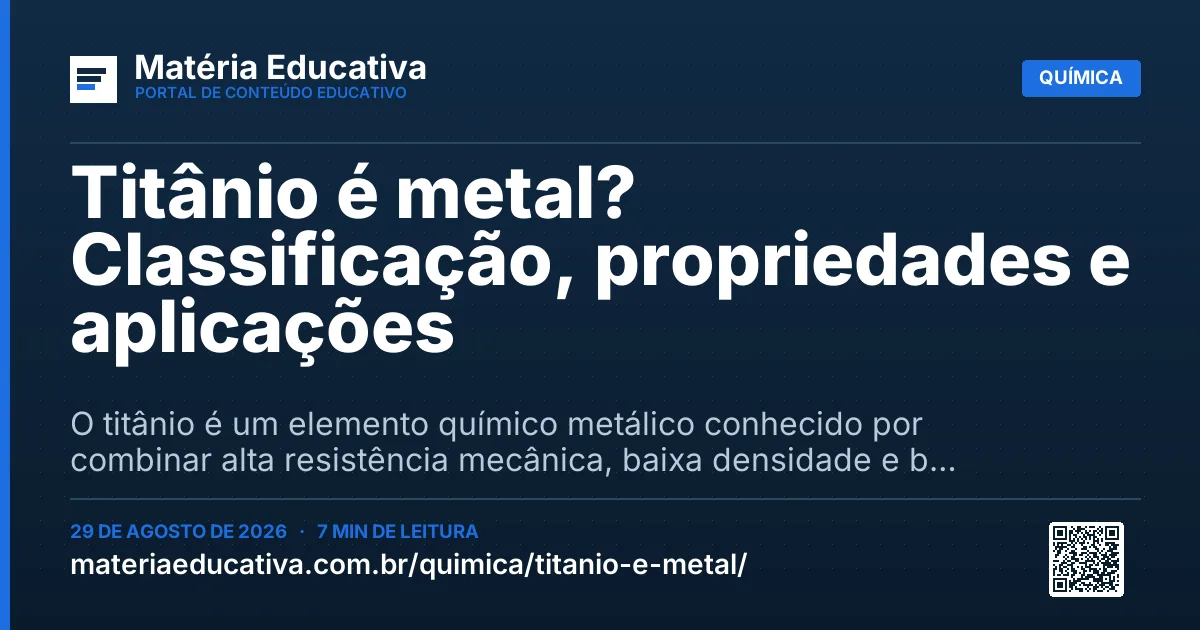 Resumo visual: Titânio é metal? Classificação, propriedades e aplicações